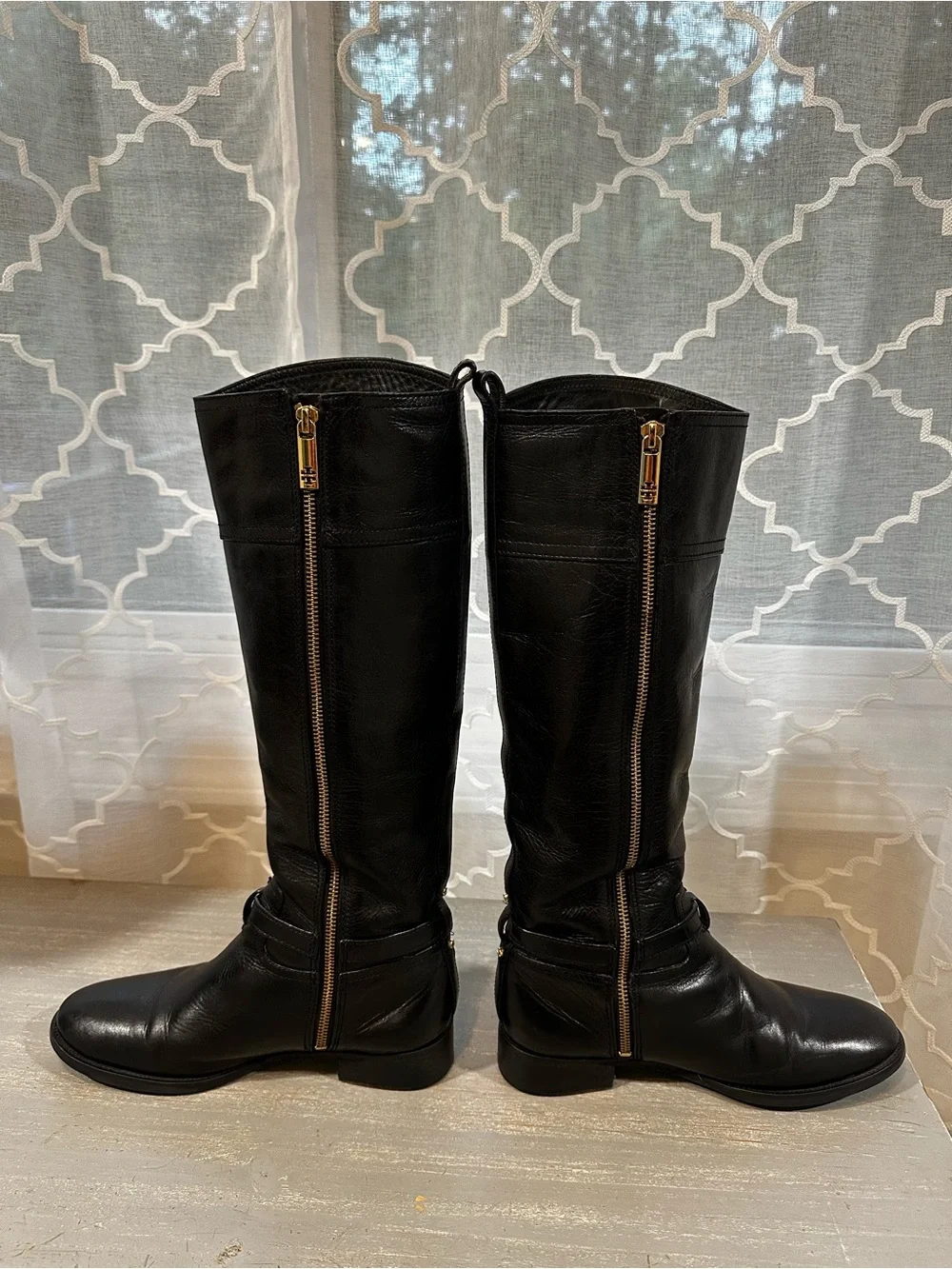 Tory Burch Nadine Black Leather Knee High Riding Boots Gold Logo Medallion 8